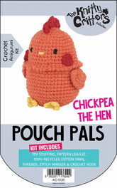 Packaging for Knitty Critters Pouch Pals I Chickpea The Hen, displaying the crochet kit contents and the finished product image of a chickpea-patterned amigurumi toy.